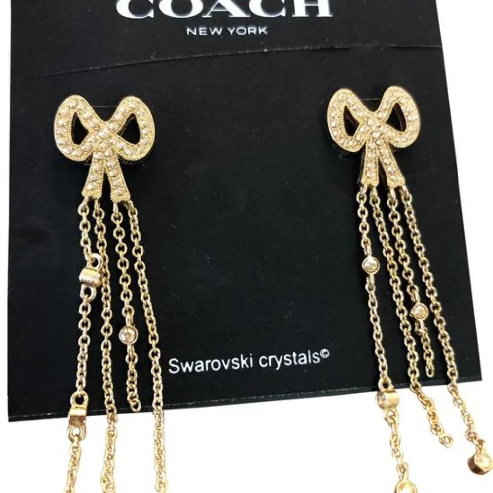 Coach Swarovski Crystals waterfall chains gold pave bow earrings - Picture 5 of 5